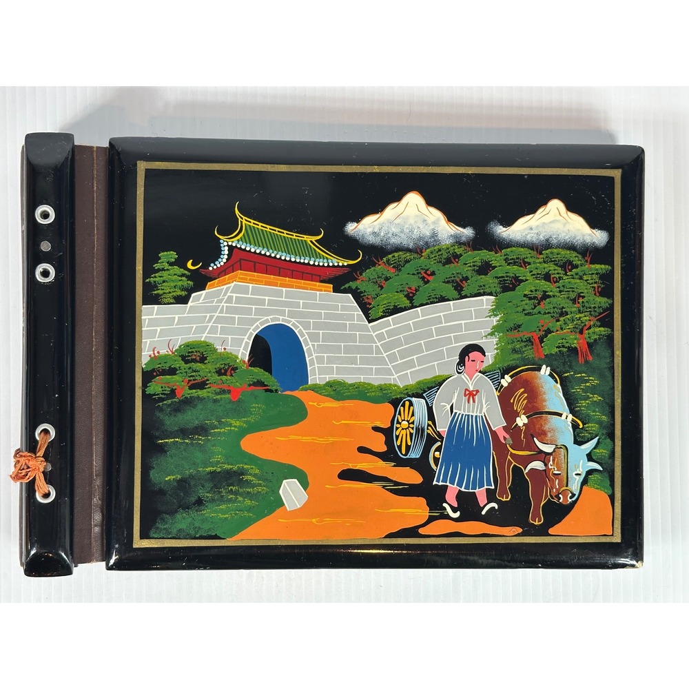 Vintage Korean Lacquerware Photo Album Hand Painted Ox Cart Scene Black 13.5x9